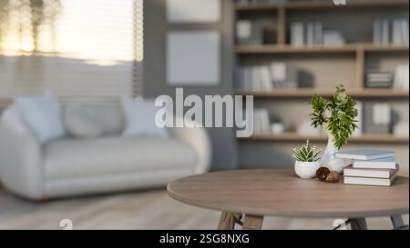 Un primo piano di un tavolino rotondo in legno con oggetti decorativi sul piano, allestito in un soggiorno contemporaneo. rendering 3d, illustrazione 3d. Foto Stock