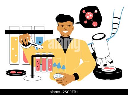 Uomo che studia il suolo. Il giovane conduce ricerche scientifiche in laboratorio. Scienziato con provette con sostanze. Ricerca di virus e batteri Illustrazione Vettoriale