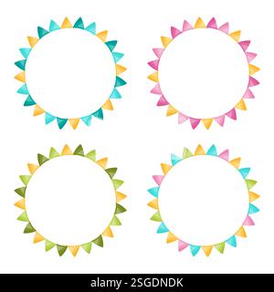 Set di quattro cornici circolari colorate con motivi geometrici. Perfetto per inviti a feste, etichette e altri design decorativi. Tema per bambini Illustrazione Vettoriale