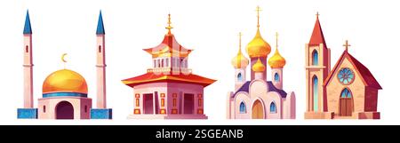 Edifici religiosi a cartoni animati con moschea, tempio buddista, chiesa ortodossa e cappella cattolica. Architettura sacra tradizionale di diverse fedi con cupole dorate, minareti, tetto di pagoda. Illustrazione Vettoriale