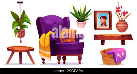 Mobili boho da salotto con poltrona viola con cuscino e plaid, tavolo e ripiano in legno, piante in vaso, piantagione di macrame appesa, cornice fotografica. Elementi di design degli interni in stile bohémien. Illustrazione Vettoriale