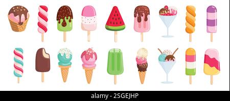 Popsicle disegna un set di clipart colorato. Collezione estiva di elementi da dessert con clip art per gelati in deliziosi prodotti dolci e lattiero-caseari vettoriali Illustrazione Vettoriale