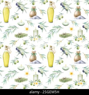 Olio d'oliva in bottiglia di vetro, sapone d'aleppo, sale marino sparso e in sacco, candele, fiori di frangipani e rami d'oliva. Disegno ad acquerello con disegno a mano e isolamento senza cuciture per confezione e design di un salone spa. Foto Stock