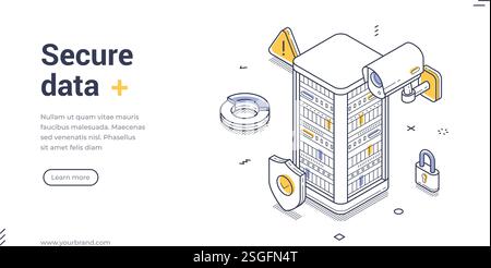 La line art mostra un data center sicuro con telecamere di sorveglianza e serrature. Misure di sicurezza per proteggere le informazioni digitali dalle minacce. La line art è un'opera d'arte Illustrazione Vettoriale