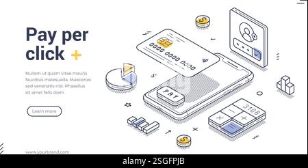 Vari elementi dei sistemi di pagamento elettronico, tra cui un dispositivo mobile, carte digitali e grafici finanziari. Banner web isometrico Modern line art, Illustrazione Vettoriale
