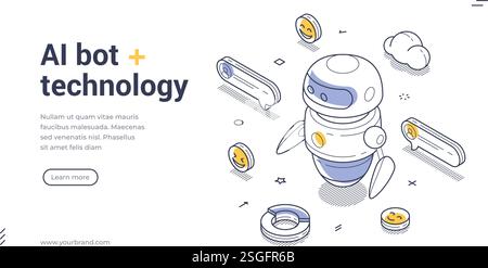 Tecnologia AI bot banner Web line art isometrici moderni, modello di landing page. Futuristico robot di chat ai circondato da allegri emoticon e icone di chat Illustrazione Vettoriale