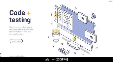 Test del codice moderno modello di banner Web line art isometrico. Computer che visualizza codice con icone CSS e HTML. Perfetto per i temi di codifica Illustrazione Vettoriale