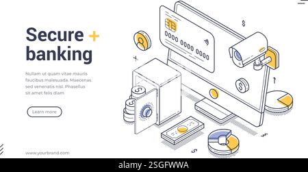 Banner Web isometrico line art, modello di landing page di online banking, che enfatizza la sicurezza con grafici finanziari, di monitoraggio e di sicurezza collegati da d Illustrazione Vettoriale