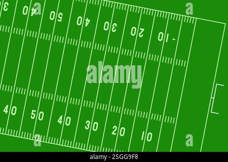 Primo piano della vista dall'alto dello sfondo dell'American Football Field, posizione inclinata - Green Turf with Yard Lines. Elemento di design per il calcio americano Illustrazione Vettoriale