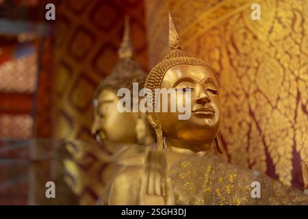 Testa della statua di Buddha con luce gialla nel Tempio della Thailandia. Statua del buddha d'oro nel tempio della Thailandia. Messa a fuoco selettiva. Foto Stock