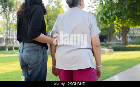 Foto della vista posteriore di una giovane donna con una vecchia nonna che cammina nel parco. Concetto di operatore sanitario. Foto Stock