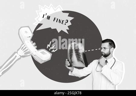 Immagine collage creativa del medico intelligente mentalità esaminare polmoni scansione a raggi X parlare scheletro braccio tenere telefono cellulare chiedere sono bene Foto Stock