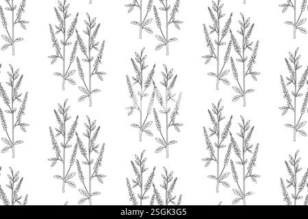 Schema vegetale astratto lineare senza cuciture con illustrazione vettoriale di fiori selvatici. Contorno bianco e nero che ripete lo sfondo floreale. Immagine Illustrazione Vettoriale