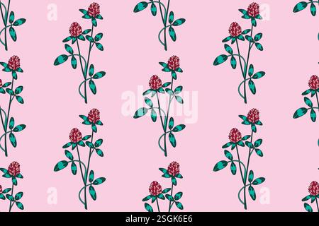 Pianta astratta botanica senza cuciture con fiori selvatici illustrazione vettoriale Clovers. Motivo floreale retrò ripetuto su sfondo rosa. Graphi Illustrazione Vettoriale