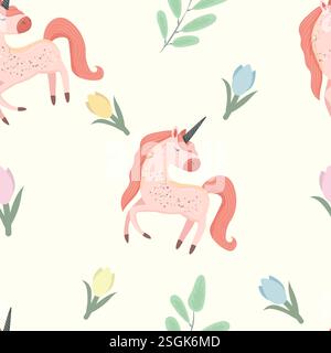 simpatico motivo per bambini con unicorni e tulipani per carte, confezioni, tessuti in stile doodle Illustrazione Vettoriale