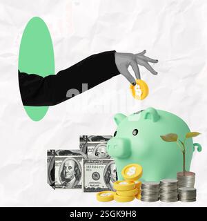 Concetto creativo di gestione del denaro con salvadanaio e flusso di cassa, illustrazione vettoriale Illustrazione Vettoriale