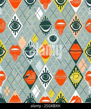 Motivo argyle senza cuciture di ispirazione retrò con occhi e labbra stilizzati nei toni arancione, nero e giallo, con un layout geometrico a rombi. Per Illustrazione Vettoriale