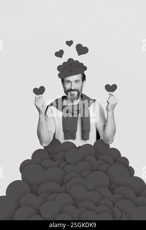 Foto creativa 3D collage artwork poster cartolina di bell'uomo cadere in amore stand mazzo di carte di carta rossa isolato su sfondo pittura Foto Stock