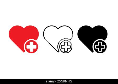 Icona rossa a forma di cuore. Contorno del cuore bianco. A forma di cuore nero. Vector Medical Plus. Illustrazione Vettoriale