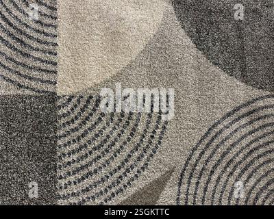 Trama astratta casuale del pavimento del tappeto, motivo circolare e rotondo. In bianco e nero, grigio e bianco. Semicerchio rotondo casuale Foto Stock