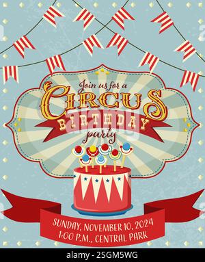 invito per il compleanno dei bambini in stile circo vintage Illustrazione Vettoriale