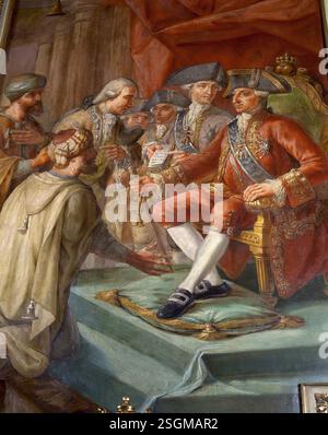 Pace tra il re spagnolo Carlo III (1716-1788) e la Reggenza di Tripoli, sala di Carlo III nell'antico Palazzo della dogana, Barcellona, Spagna. Foto Stock