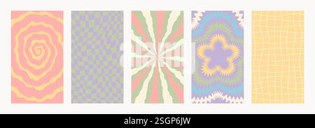 Set di pattern retro. Sfondi psichedelici astratti Groovy in colori retrò. Texture vettoriale intrecciata in stile y2k alla moda. Grafica vettoriale per poster e. Illustrazione Vettoriale
