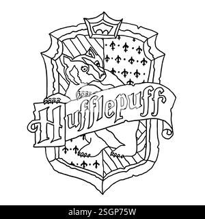 Logo Harry Potter Hufflepuff in stile doodle. Hogwarts Legacy. Scuola magica di stregoneria e stregoneria. Illustrazione vettoriale isolata su W. Illustrazione Vettoriale