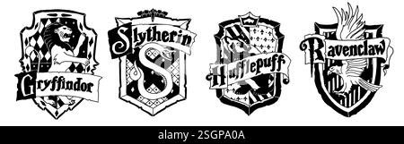 Collezione di Harry Potter in stile doodle. Gryffindor, Slytherin, Ravenclaw e Hufflepuff. Scuola magica di stregoneria e stregoneria. Illustrazione vettoriale Illustrazione Vettoriale