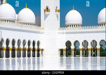 Incredibile cortile della grande Moschea dello Sceicco Zayed con colonne e cupole ad Abu Dhabi Foto Stock