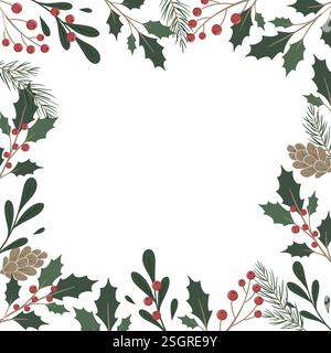Cornice natalizia di rami di ilex con bacche rosse. Ghirlanda botanica, ramo di pino e corona quadrata con coni. Illustrazione botanica dipinta a mano per Foto Stock