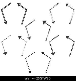 Set di frecce modulari. Linee del puntatore tratteggiate. Direzioni geometriche del vettore. Forme guida curve. Illustrazione Vettoriale