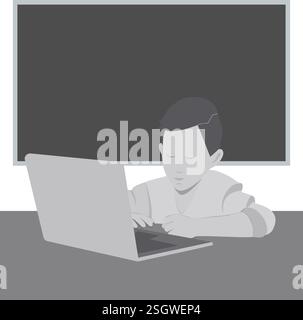 Ragazzo con laptop seduto alla scrivania sullo sfondo della lavagna in scala di grigi. Idea di progettazione dello studio online. Schede tematiche o banner promozionali Web, opuscoli, materiali di stampa o tag illustrazione vettoriale isolata Illustrazione Vettoriale