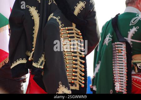 gli ussari ungheresi in uniformi ornate si ergono sul podio al galoppo nazionale in Piazza degli Eroi, Budapest, e vedrai sciabole dettagliate, giacche e borse laterali Foto Stock