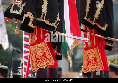 gli ussari ungheresi in uniformi ornate si ergono sul podio al galoppo nazionale in Piazza degli Eroi, Budapest, e vedrai sciabole dettagliate, giacche e borse laterali Foto Stock