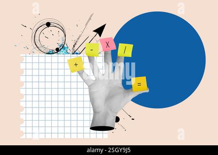 Carta adesiva colorata con simboli matematici incollati sulle dita di un uomo su un foglio quadrato e su un cerchio blu Foto Stock