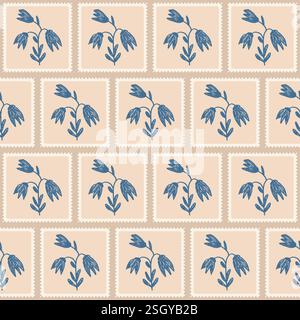 Pastello di fiori disegnato senza cuciture. Francobolli floreali su sfondo quadrato. sfondo ripetizione stencil botanica. Design con motivo di superficie Illustrazione Vettoriale