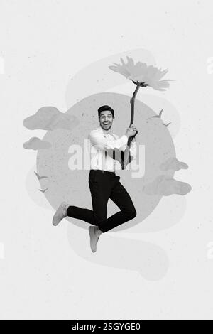 Creative retro 3D rivista collage immagine di sorridente felice ragazzo volante giallo fiore isolato sfondo pittura Foto Stock