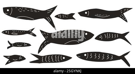 Set di pesci. Collezione scolastica di sardine. Sagome di salmone. Animali sottomarini. Illustrazione degli elementi del collage linocut disegnati a mano dal vettore. Illustrazione Vettoriale
