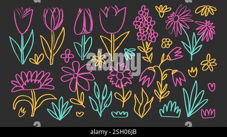 Fiori e foglie di gesso disegnati sulla lavagna scolastica. Elementi floreali estivi per bambini. Stile pastello a forma di bambino. Illustrazione della matita ingenua vettoriale attivata Illustrazione Vettoriale