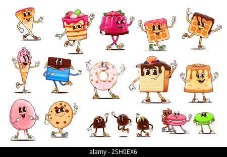 Dolci e pasticceria squisiti, dolci vettoriali e cibo dolce. Torte retrò cartoni animati, biscotti al cioccolato, caramelle e bar, ciambelle, waffle, cre. ghiaccio Illustrazione Vettoriale