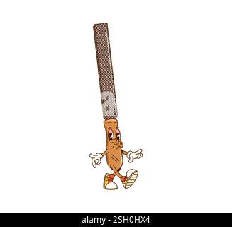 Cartoon Groovy file RASP character, Construction and DIY repair tool, vettoriale personage. Personaggio cartoni animati dello strumento raspa scanalato con faccia freaky e h Illustrazione Vettoriale
