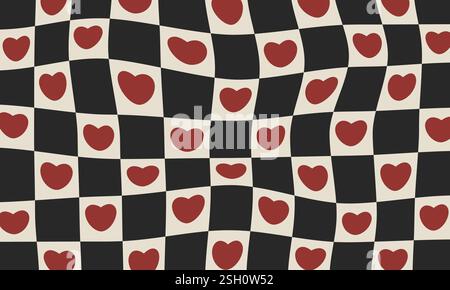 Scacchiera ondulata con cuori. Motivo a scacchi con scanalature astratte. Concetto d'amore. Design retrò in stile hippie anni '60-'70 Illustrazione Vettoriale
