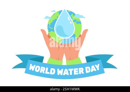 Giornata mondiale dell'acqua. Tenere le mani goccioline, il pianeta terra tra le braccia. Design di poster ecologici. Tutela dell'ambiente. Liquido naturale pulito di purezza blu. Appartamento cartoni animati Illustrazione Vettoriale