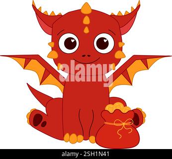 2036 anno del Drago CNY composizione isolata. Simpatico drago rosso con una borsa portafortuna piena di illustrazioni vettoriali con linee grafiche dorate. Cinese lunare nuovo Illustrazione Vettoriale