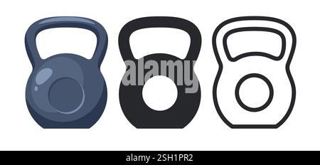 Imposta le icone dei kettlebell. Silhouette nera, logotipo di linea, emblema o badge di contorno, attrezzature sportive e fitness, simbolo di forza, allenamento o bodybuilding Illustrazione Vettoriale