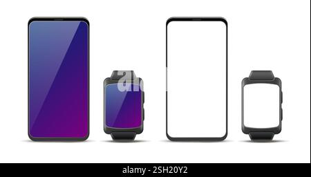 Disposizione di smartphone e smartwatch. Smartphone isolato realistico e smartwatch sportivo. Schermata bianca vuota del dispositivo, mockup dell'applicazione. tecnologia 3d. Illustrazione Vettoriale