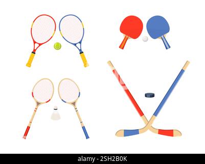 Attrezzature sportive per tennis, badminton, ping pong, hockey. Accessori per giochi sportivi. Racchette e bastoni diversi, puck, rubinetto e palla Illustrazione Vettoriale