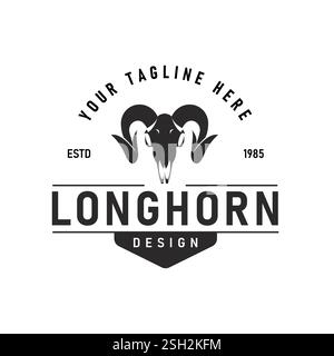 Modello illustrativo con logo vintage Texas Long Horn Countryside Bull Illustrazione Vettoriale