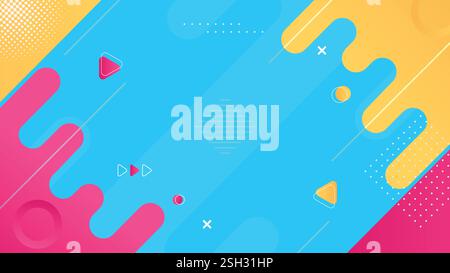 Un vivace sfondo astratto in stile Memphis caratterizzato da forme geometriche dinamiche, motivi ondulati e una tavolozza di colori brillanti di blu, rosa e giallo. Illustrazione Vettoriale